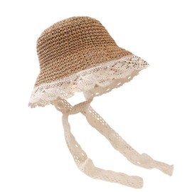 Baby Girl Straw Hat Lace Brim Beach Sun Protection Hat Summer Beach Hat Foldable UV Sun Visor Hat Outdoor Coffee