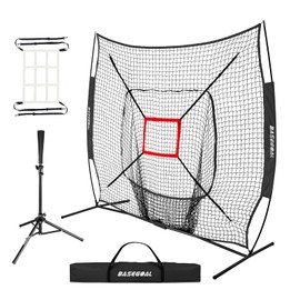 BaseGoal 7'×7' Baseball Softball Practice Net,Baseball Backstop,with Batting Tee,for Hitting Pitching Batting Catching with Bow Frame,Bonus Strike Zone (Black-A)