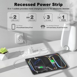 8 in 1 Recessed Power Strip with 15W Wireless Charger, 20W Fast Charging Furniture Outlet, Plug in 3 AC Outlets & 4 USB Ports Flush Mount, 10FT Cord