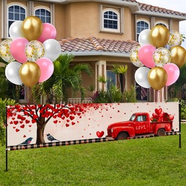 BlissYard Happy Valentine's Day Banner 78x17 Inch Red Car Rose Love Heart Happy Valentines Day Banner Valentine's Day Backdrop Party Decorations Photo Booth Props Party Backdrops Wedding Anniversary