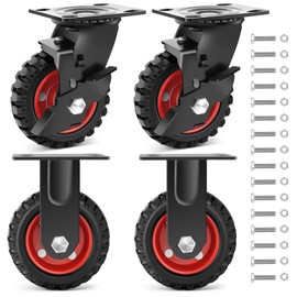 Nefish 5 Inch Heavy Duty Casters Set of 4, Solid Rubber Outdoor Casters Wheels, Industrial Grade Rubber Castors with Knobby Tread for Cart, Wagon and Chicken Coop (2 Brake & 2 Rigid)