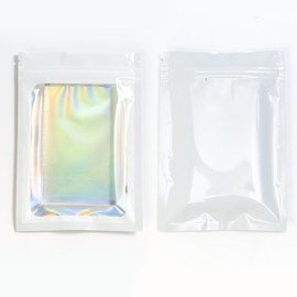 100 Piece Colored & Clear Window Holographic Foil Resealable Zipper Flat Bags for Food, Candy, Jewelry, Beauty, Party Favor Baggies (White, 2.76 inch x 3.94 inch)