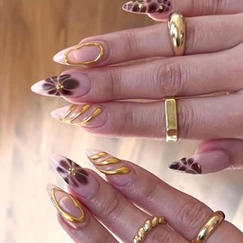 Transparent Press on Nails Short Almond Fake Nails Summer Glossy Acrylic Glue on Nails Almond Nails Press ons with Black Flower Leopard Design Golden 3D Lines False Nails for Girls 30Pcs