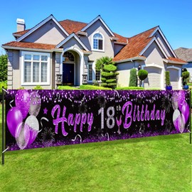 Purple 18th Birthday Decorations for Girls, Black Purple Silver Happy 18th Birthday Yard Banner Purple 18th Birthday Yard Sign for 18th Birthday Anniversary Party Supplies Indoor Outdoor Decor