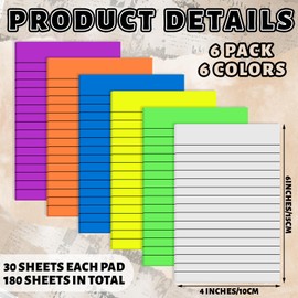 Yinder 6 Pack 180 Sheets Pastel Transparent Sticky Notes Translucent Clear Lined Self Sticky Note, Back to School Gifts for Bible Tabs, Book Tabs, School Supplies, Office, 4 x 6 Inch(Bright Color)