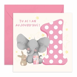 Central 23 Carte 1er Anniversaire Pour Bébé Fille - 1 An Aujourd'hui - Lapin Éléphant - Carte Anniversaire 1 An Pour Enfant Petite-fille Nièce - Livrée Avec Autocollants - Par