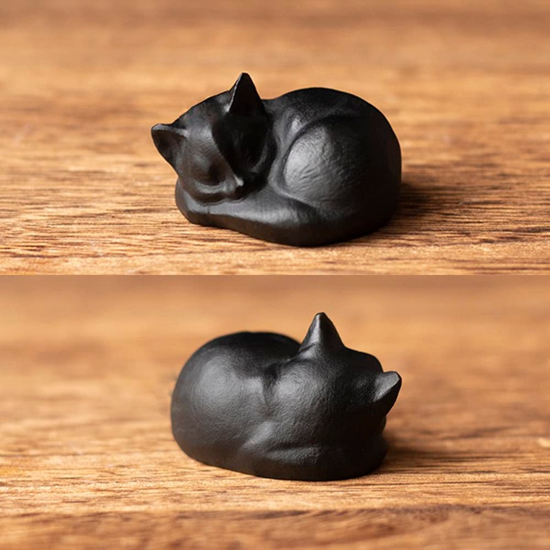 OwMell Natural Black Obsidian Sleeping Cat Statue Hand-Carved Healing Stone