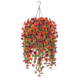 Artificial Fake Hanging Flowers Plants with Basket Fall Outdoor Decoration,Faux Silk Colorful Daisy in Planter Boxwood No Fade Plastic Shrubs Decor Farmhouse Home Garden Thanksgiving(Orange Brown)