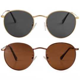 Small Round Polarized Sunglasses for Men Women Classic Circle Metal Frame Sun Glasses 2 Pack (Gold/Black + Brown/Brown)