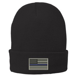 Trendy Apparel Shop US American Flag Thin Blue Line Embroidered Winter Folded Long Beanie - Black