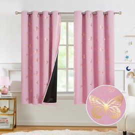 Jubilantex Rose Pink Metallic Gold Butterfly Blackout Curtains 63" Long for Girls Bedroom Nursery Grommet Window Curtains with Black Layer,2 Panels