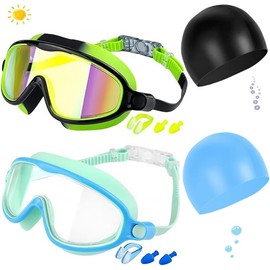 Gafas de Natación para Niños,2 Pcs Anteojos de Natación para Niños con Tapón para La Oídos y Clip para La Nariz,Swim Goggles Ajustable de Silicona,Protección UV,Sin Fugas,Antivaho Anteojos de Natación