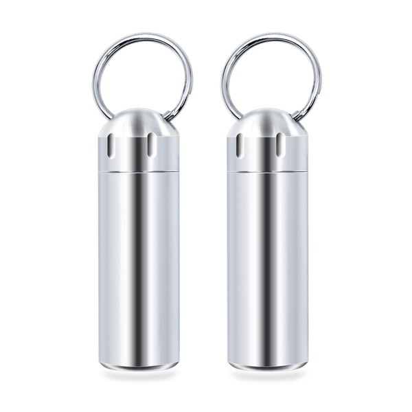 SHD 2 Pack Pill Container Keychain Pill Holder 100% Waterproof Pill Case Single Chamber Stainless Steel Pill Box (Silver)
