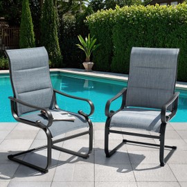 NUU GARDEN Padded Textilene Patio Dining Chairs Set of 2, C-Spring Patio Chairs with Curved Armrests, Powder-Coated Metal Frame Patio Furniture for Backyard Garden Poolside Lawn, Blue and Black