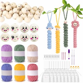 Worry Worms Crochet Set, Lucky Worms Crochet Set with 6 x 25 g Crochet Yarn and Crochet Hook, 40 Wooden Balls with Face, Instructions, Keyring, DIY Lucky Worms Set Beginners