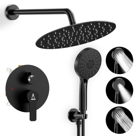 JQBQS Shower Faucet Set 12IN Brass Rough-In Valve Body Trim Kit Rainfall Included Handle Accessories Complete 2 Functions with Rain Head and Handheld Bathroom Systems (12'', Matte Black)