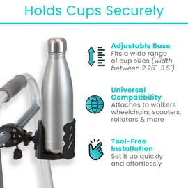 Vive Wheelchair Cup Holder (XL) - Universal, Adjustable, Clip On Accessory for Rolling Walker, Rollator, Electric Mobility Scooter, Stroller, Bike & Chair - Water Bottle Attachment for Seniors & Adult
