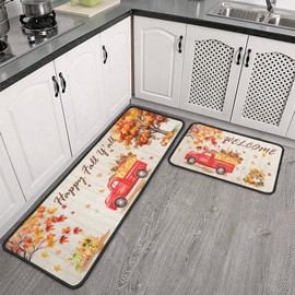 Fall Kitchen Rug Set of 2, Welcome Pumpkin Sunflower Orange Kitchen Rugs Truck Mat, Autumn Thanksgiving Washable Non Slip Absorbent Microfiber Indoor Floor Decor Mats 17"x 47"+17"x 30"