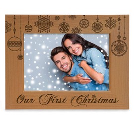 KATE POSH - Our First Christmas Engraved Natural Wood Picture Frame - First Christmas Together Gifts, First Christmas as Husband and Wife, Gifts for Newlyweds, for Couples (5x7-Horizontal)