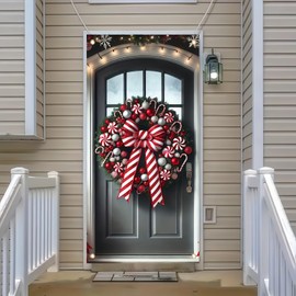 BlissYard Christmas Door Cover Christmas Wreath Candy Cane Hanging Banner Red White Bow Backdrop Photography Background Winter Xmas New Year Hanging Decorations 71X35 Inch（Banner, Not a Real Wreath）