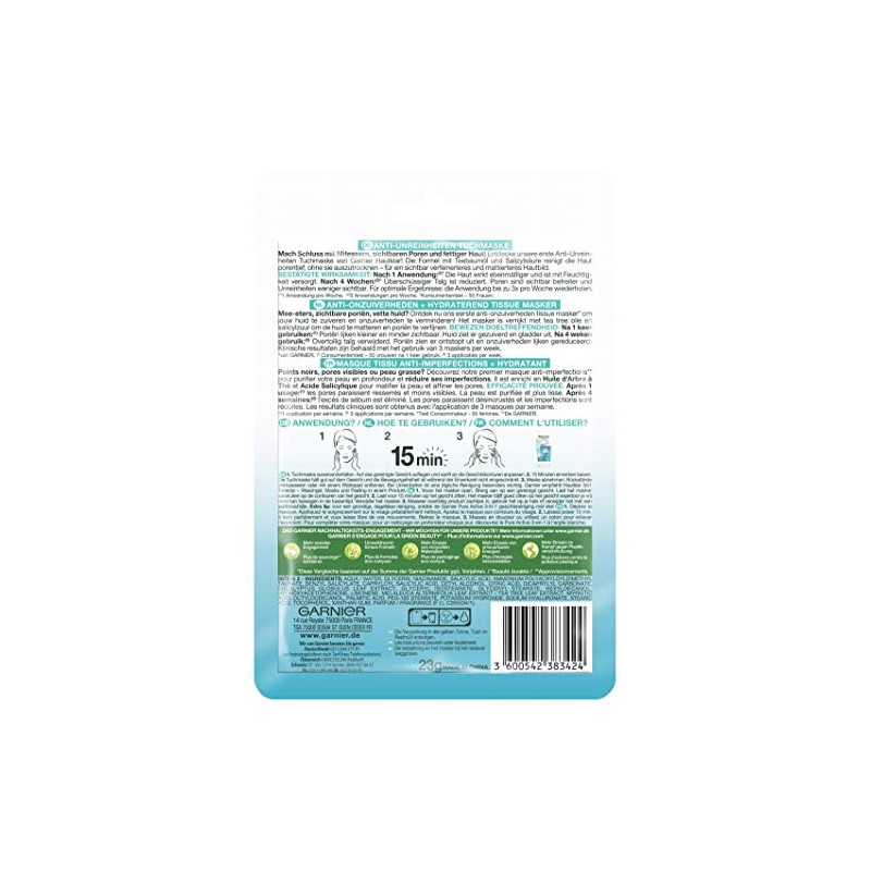 Garnier Cloth Mask, Face Mask for Oily Skin, Anti-Impurities, Formula