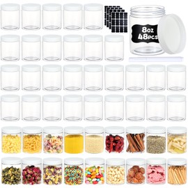sietpoek 48 PCS 8 OZ Plastic Jars with Screw On Lids, Pen and Labels Refillable Empty Round Slime Cosmetics Containers for Storing Dry Food, Makeup, Slime, Honey Jam, Cream, Butter, Lotion, White
