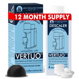 (12 Months Supply) Nespresso Compatible Vertuo Descaling Kit, Odorless Coffee Brewer Machine Descaler Set, Liquid Descaling Solution for Nespresso, Includes Reusable Pod and 12 Cleaning Tablets
