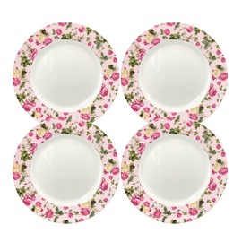 Gracie China Rose Bouquet Rim Dinner Plates, Set of 4 (Pink, 10.5-Inch)