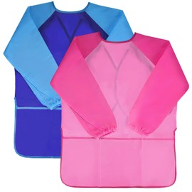 Kids Art Smocks 2 Pack Waterproof Kids Painting Aprons Children Art Smock Painting Supplies Long Sleeve with 3 Pockets for Age 3-8 Years (Paints and brushes not included)