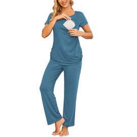 Ekouaer Maternity Nursing Pajamas Set Maternity Loungewear Set Breastfeeding Top & Pants for Pregnant Women Dark Blue M