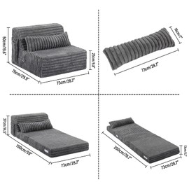 Tiita Folding Sofa Bed - 4-Fold Convertible Sleeper Chair with Corduroy Cover and Rectangular Pillow, Floor Sofa Mattress for Adults, Single Size, Grey