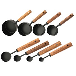 Uniturcky Measuring Cups and Spoons Set of 8, Matte Black Stainless Steel Nesting Kitchen Measuring Set, Wood Handle Dry and Liquid Measuring Cups, For Cooking and Baking
