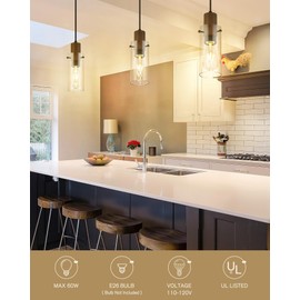 Emak 2 Pack Mini Black Pendant Light Fixtures, Modern Farmhouse Pendant Lights with Clear Glass Shade, 1-Light Hanging Light for Bedroom, Kitchen Island, Bathroom, Wood Grain Painted, PL120-BKL-2PK