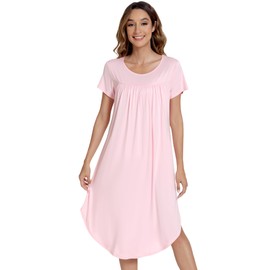 NACHILA Womens Nightgowns -Viscose Made from Bamboo,Soft Nightshirt Short Sleeve Sleepwear Pleated Sleepdress Cool Sleepshirt Pink L
