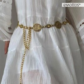 EMOTTOS Concho Women's Chain Belt, Adjustable Metal Hip Chain Western Cowboy Cowgirl for Women, Exquisite Boho Belt for Jeans Dress (7 Styles), 06 gold.