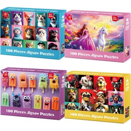 4-Pack 100 Piece Puzzles for Kids Ages 4-6 6-8 8-10 - Cat Dog Portraits Popsicles Unicorn Puzzle for Girls 4-6 Years Old 100 Piece Jigsaw Puzzle for Adults Toddler Children Learning Educational Toys