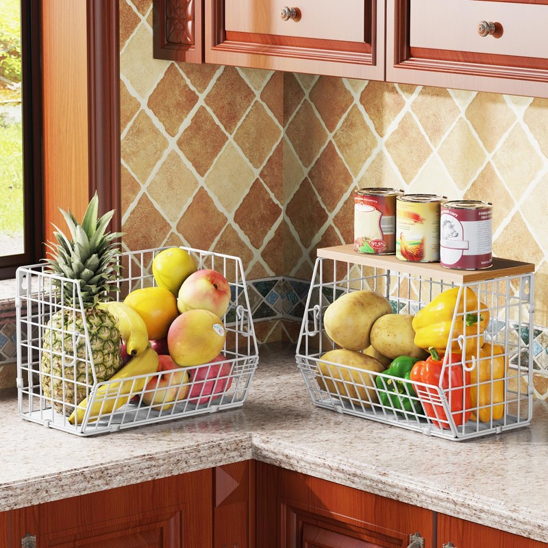 White Fruit Bowl Wire Basket Storage Pantry Fruit and Vegetable