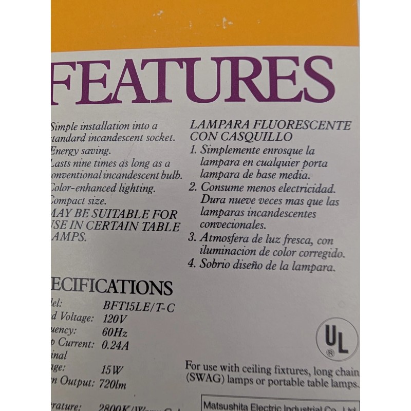 Panasonic Light Capsule BFT15LE-T-C 15W 120V 60HZ Warm Color Light