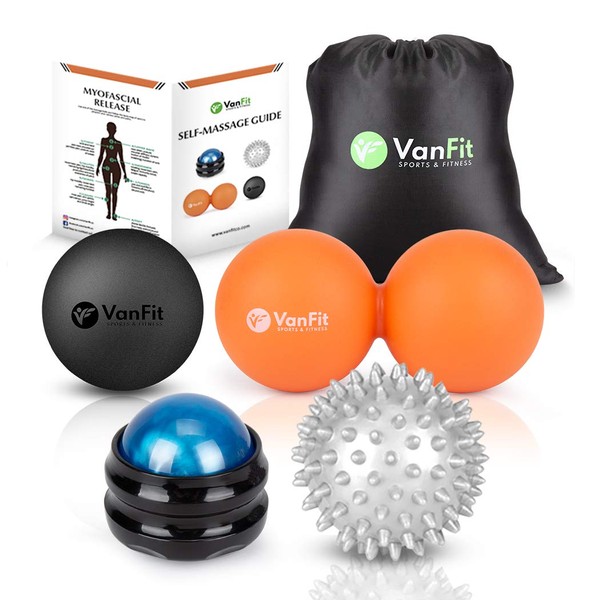 VanFit Massage Balls Therapy Set with Double Lacrosse, Trigger Point, Manual Muscle Roller and Spiky Massagers for Deep Tissue and Myofascial Release, Acupressure, and Workout Recovery