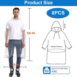 Garegce 8 Pack Ponchos Waterproof Adult with Sleeves and Hood, Thickened Lightweight Adult Disposable Raincoats, Portable Clear Rain Poncho for Festivals, Outdoor Concert, Camping, Theme Park, Hiking