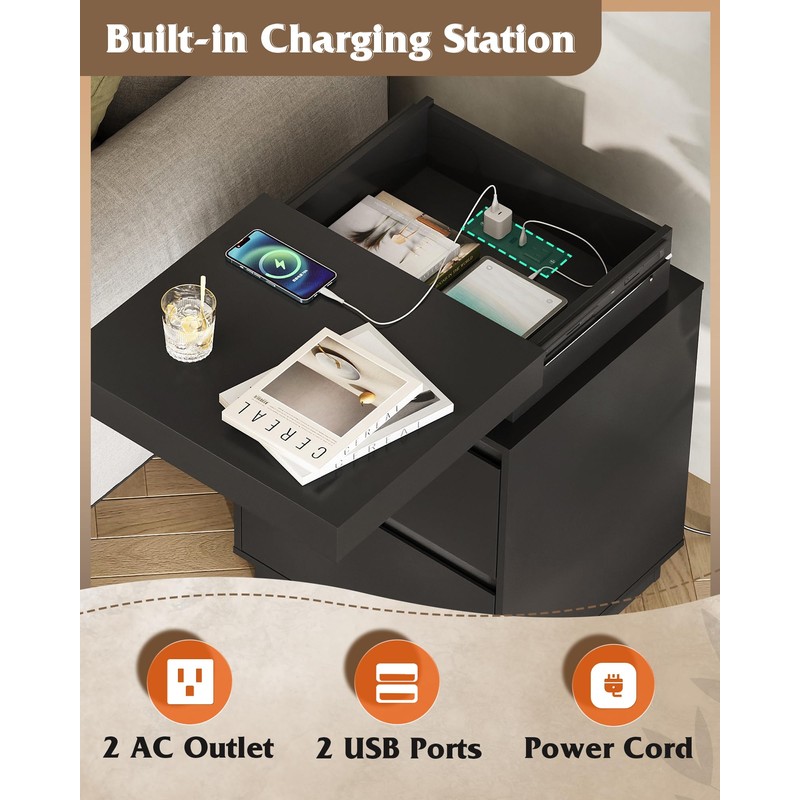 WLIVE Black Nightstand with Charging Station and LED Lights, Bedside