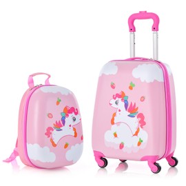 BABY JOY 2 Pcs Kids Luggage Set, 16" Toddlers Carry-on Suitcase & 12" Backpack Set, Children Travelling Case w/ 4 Casters, Retractable Handle, Lightweight Trolley Case for Girls Boys (Cloud Pony)