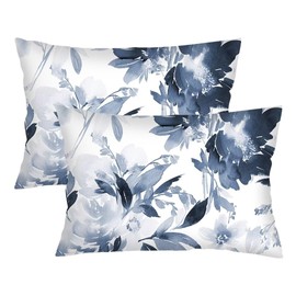 Floral Pillow Cover Queen Size Set of 2 Boho Florals Pillow Case Navy Watercolor Flowers Lumbar Pillow Case Soft Standard Pillow Cases Protector with Zipper Decorative Bed Cushion Covers,20"x30"