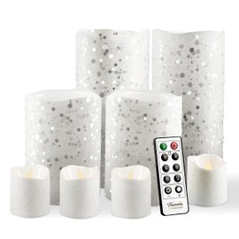FURORA LIGHTING White Glitter LED Candles with Remote and Timer, 4 Pillars and 4 Votives Pack of 8, Real Wax Flameless Flickering Candles for Home Décor, Battery Included
