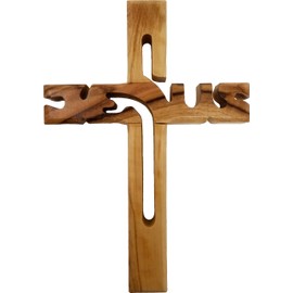 Logos Trading Post Holy Land Olive Wood Jesus Cut Out Hanging Wall Cross from Israel, Small, Hand Carved Olive Wood from Jerusalem, 4.75"
