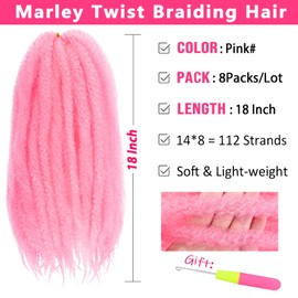 RuiYok 18 Inch Marley Twist Braiding Hair 8 Packs Pink Marley Hair Crochet Braids Pre-Separated Afro Kinky Twist Crochet Hair for Black Women Long Braiding Hair Extensions (8 Packs,Pink#)