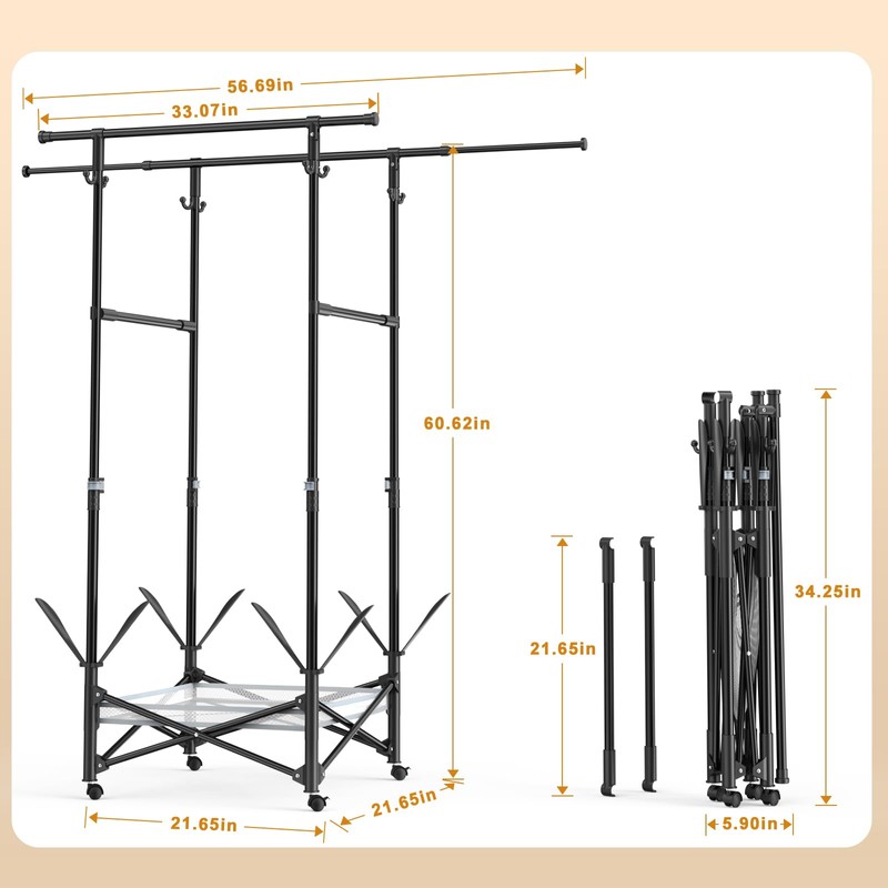 Portable Foldable Clothes Drying Rack - Adjustable Double Extendable Rods
