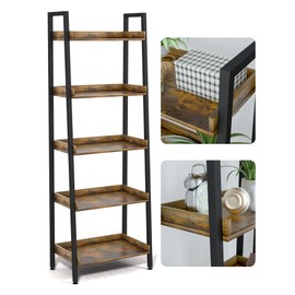 5-Tier Ladder Shelf, Ladder Bookshelf Storage Rack, Rustic Bookcase Wood Metal Freestanding Storage Shelf Display Shelf for Living Room, Home Office, Bedroom, Balcony, Industrial Style, Rustic Brown