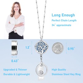 SAM & LORI Strong Retractable Pretty Lanyard Necklace for ID Badges Holder and Keys Stainless Steel Metal Lanyard Necklace Silver Chain with Badge Clip for Women Teachers Nurse Family Tree