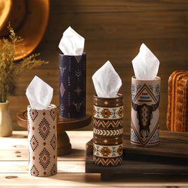 Yoande 4 Pack Car Tissue Holder with Facial Tissues Travel Tissue Tubes Box Round Cylinder Container for Car Cup Holder Home Bathroom Office Wedding Gifts Decor (Western Cowboy)